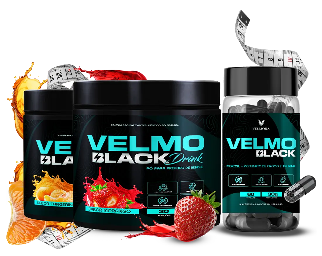 Velmo Black Drink sabores morango e tangerina e Velmo Black Cápsulas